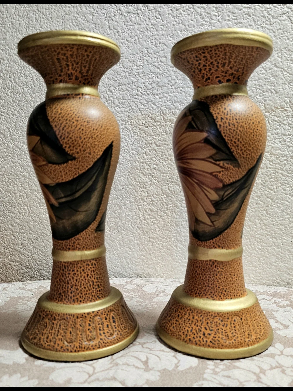 Boho Ceramic Candlestick Holders Hand Painted Sunflower Motif Crackle Glaze Gold